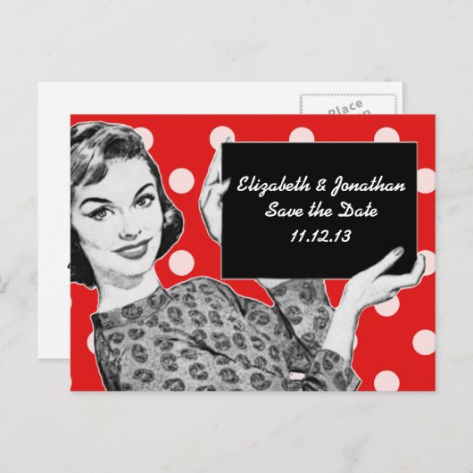 Vrouw van 1950 met een Teken sparen de Datum Aankondigingskaart (Voorkant / Achterkant)