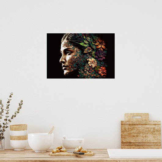Vrouw van bladeren en bloemen poster (Keuken)
