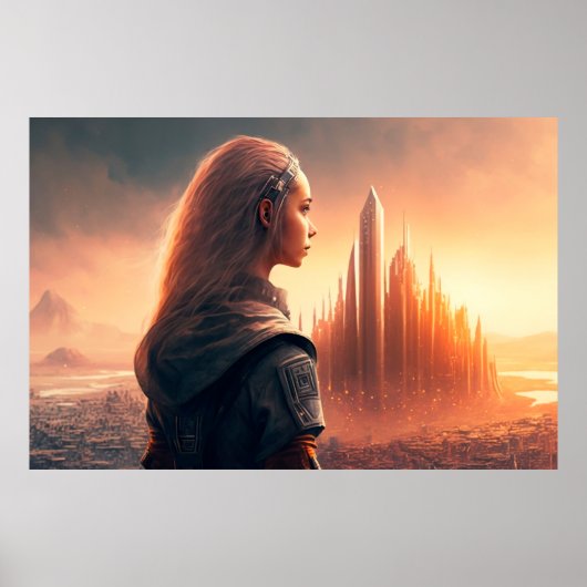 Vrouw van de Toekomst buiten een Stad Poster (Voorkant)