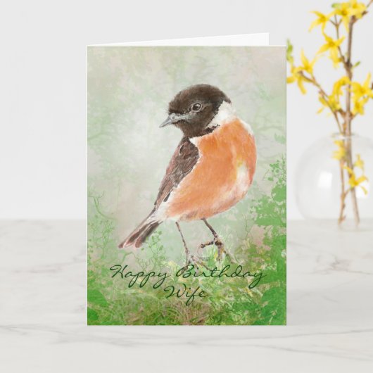 Vrouw van de Verjaardag van de Vogel van Stonechat Kaart (Gele Bloem)