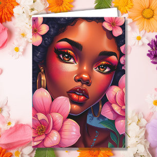 vrouw van kleur met bloemen Verjaardag Kaart