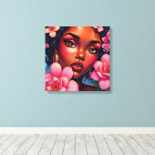 vrouw van kleur met roze bloemen canvas afdruk (Insitu (Houten vloer))
