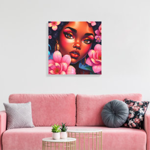  vrouw van kleur met roze bloemen canvas afdruk