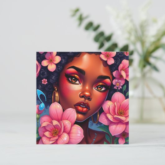  vrouw van kleur met roze bloemen kaart (Staand voorkant)