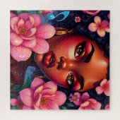  vrouw van kleur met roze bloemen legpuzzel (Horizontaal)