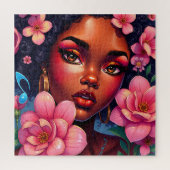  vrouw van kleur met roze bloemen legpuzzel (Verticaal)