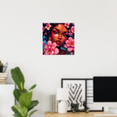  vrouw van kleur met roze bloemen poster (Thuiskantoor)
