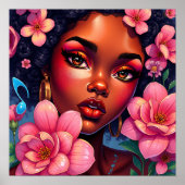  vrouw van kleur met roze bloemen poster (Voorkant)