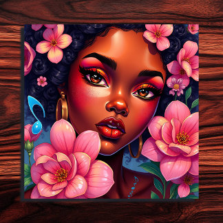 vrouw van kleur met roze bloemen poster