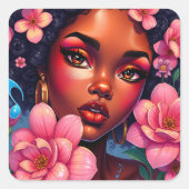 vrouw van kleur met roze bloemen vierkante sticker (Voorkant)