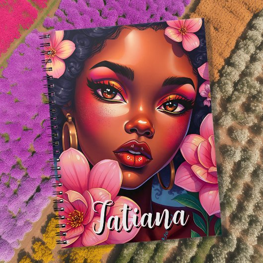  vrouw van kleur roze bloemen gepersonaliseerd notitieboek