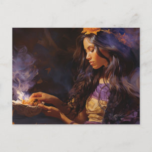 Vrouw verbrandt salie en mediteert briefkaart