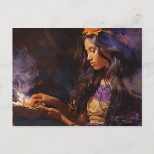 Vrouw verbrandt salie en mediteert briefkaart (Voorkant)