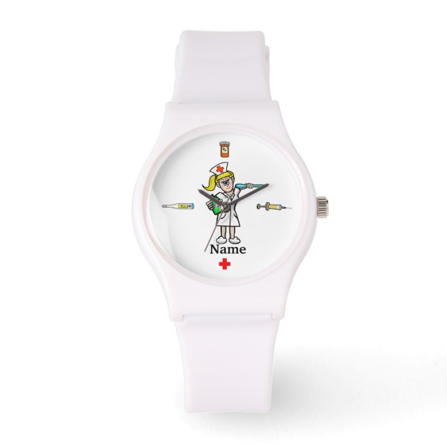 Vrouw verpleegster met Big Spoon & Medicine Watch Horloge (Voorkant)