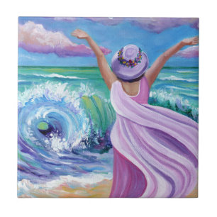 Vrouw vieren op de beach-keramische Tegel Tegeltje