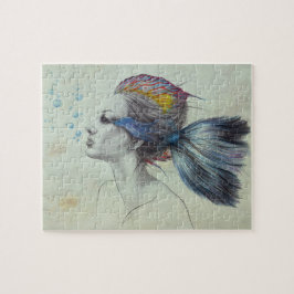 Vrouw viert zeemeerminportret surrealistische fant legpuzzel