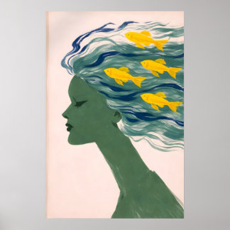 Vrouw Vis Haar Poster, Surrealistische Oceaan Port Poster