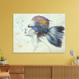 Vrouw vis Zeemeermin portret Surrealistische teken Canvas Afdruk
