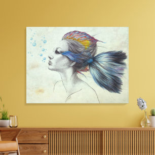 Vrouw vis Zeemeermin portret Surrealistische teken Canvas Afdruk