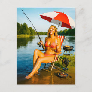 Vrouw vist onder parasol terwijl ze ijs eet feestdagenkaart