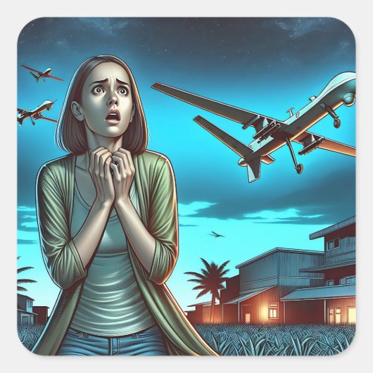 Vrouw vlucht voor drones | Humor Actuele gebeurten Vierkante Sticker (Voorkant)