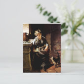 Vrouw voedt katten antiek schilderij briefkaart (Staand voorkant)