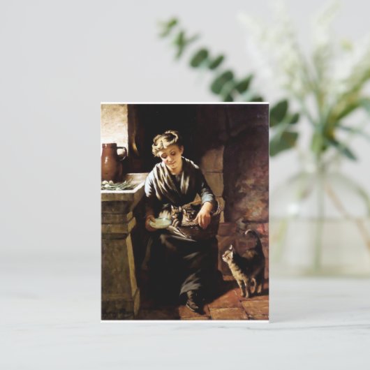Vrouw voedt katten antiek schilderij briefkaart (Staand voorkant)