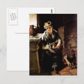 Vrouw voedt katten antiek schilderij briefkaart (Voorkant / Achterkant)