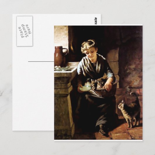 Vrouw voedt katten antiek schilderij briefkaart (Voorkant / Achterkant)