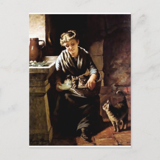 Vrouw voedt katten antiek schilderij briefkaart (Voorkant)