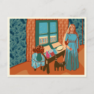 Vrouw voedt katten in strandhuis op een zomerdag briefkaart