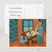 Vrouw voedt katten in strandhuis op een zomerdag briefkaart (Voorkant / Achterkant)