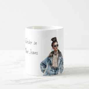 Vrouw voor altijd in blauwe jeans koffiemok