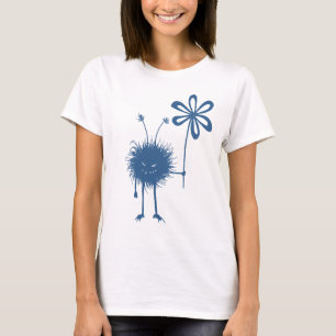 Vrouw voor blauw flessenblok t-shirt