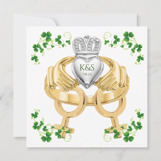 Vrouw Vrouw Claddagh Ring & Shamrocks Uitnodiging (Achterkant)