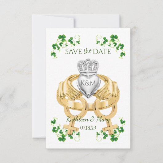 Vrouw Vrouw Irish Claddagh Ring and Shamrocks Save The Date (Voorkant)