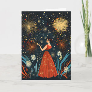 Vrouw Vuurwerk Kleurig Feestdagen Kaart
