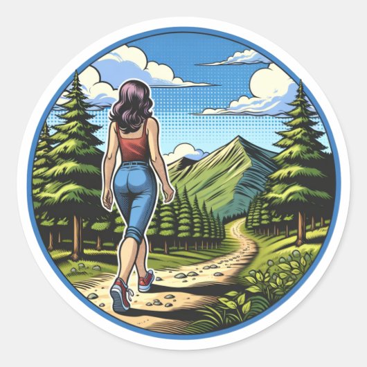 Vrouw Wandelen Een Natuur Proef Ronde Sticker (Voorkant)