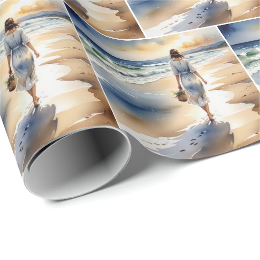 Vrouw Wandelen Het Strand Waterverf Cadeaupapier (Rol Hoek)