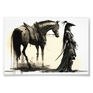 Vrouw Warrior and Horse, Schetskunst, Inktkunst Foto Afdruk