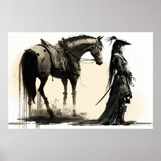 Vrouw Warrior and Horse, Schetskunst, Inktkunst Poster (Voorkant)