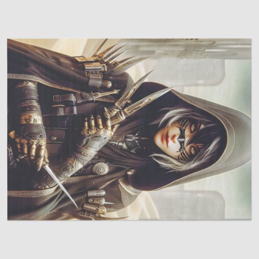 Vrouw Warrior gekleed in zwart Sci Fi Decoupage Tissuepapier (Voorkant)