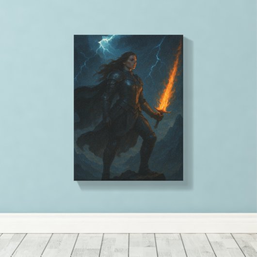 Vrouw Warrior met vlammend zwaard op Stormy Cliff Canvas Afdruk (Insitu (Houten vloer))