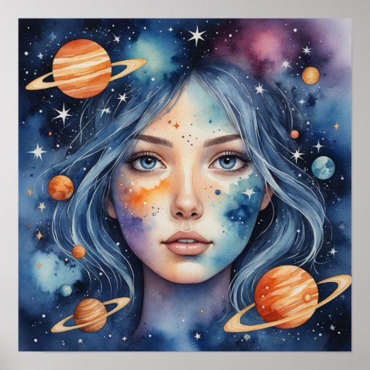 Vrouw Waterverf Gezicht Schilderen Poster (Voorkant)