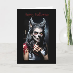 Vrouw weerwolf aanbrengen van make-up Halloween Ka Feestdagen Kaart
