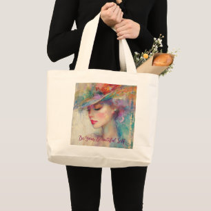 vrouw, wees je mooie zelf grote tote bag