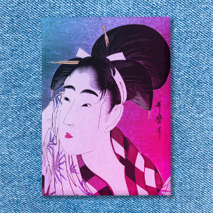 Vrouw Wiping Zweet  Art Blauw Roze Ombre Button