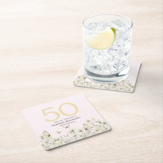 Vrouw Witte Wildflower Eenvoudige 50ste Verjaardag Kartonnen Onderzetters (Insitu)