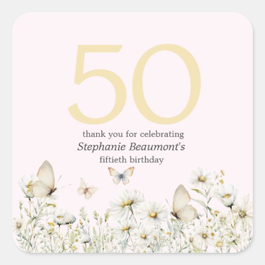 Vrouw Witte Wildflower Eenvoudige 50ste Verjaardag Vierkante Sticker (Voorkant)