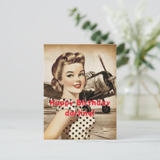  vrouw & WO2 Vliegtuig, Elegante Birthda Briefkaart (Staand voorkant)